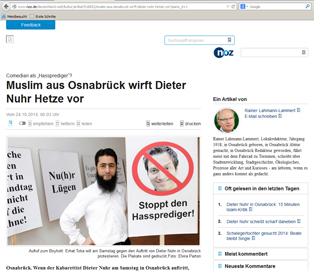 Schlampig recherchiert oder versteckte Sympathie? Die Neue Osnabrücker Zeitung bietet einem Milli Görüs-Funktionär ein Podium – hier ein Screenshot der Webseite des Blattes.