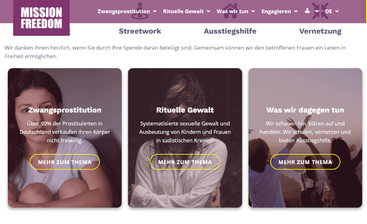 Mission Freedom – auf den ersten Blick ein professioneller Webauftritt, bei genauerem Hinsehen wird jedoch schnell klar, welche Rolle die christliche Ideologie für die Soziale Arbeit der Organisation spielt.