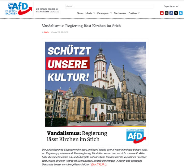 Kirchenfeindliche AfD? Nicht nur dieser Antrag im Sächsischen Landtag legt nahe, etwas genauer hinzusehen. (Screenshot Webseite des AfD-Fraktion)